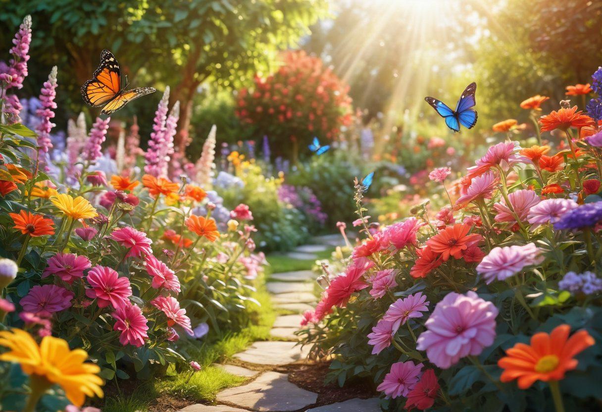 A serene and uplifting scene of a blooming flower garden with vibrant colors, where various exquisite fragrances are visually represented as colorful swirls in the air. Soft sunlight bathes the garden, enhancing the joyful atmosphere. Include delicate butterflies fluttering among the flowers, giving a sense of tranquility and joy. super-realistic. vibrant colors. soft focus.