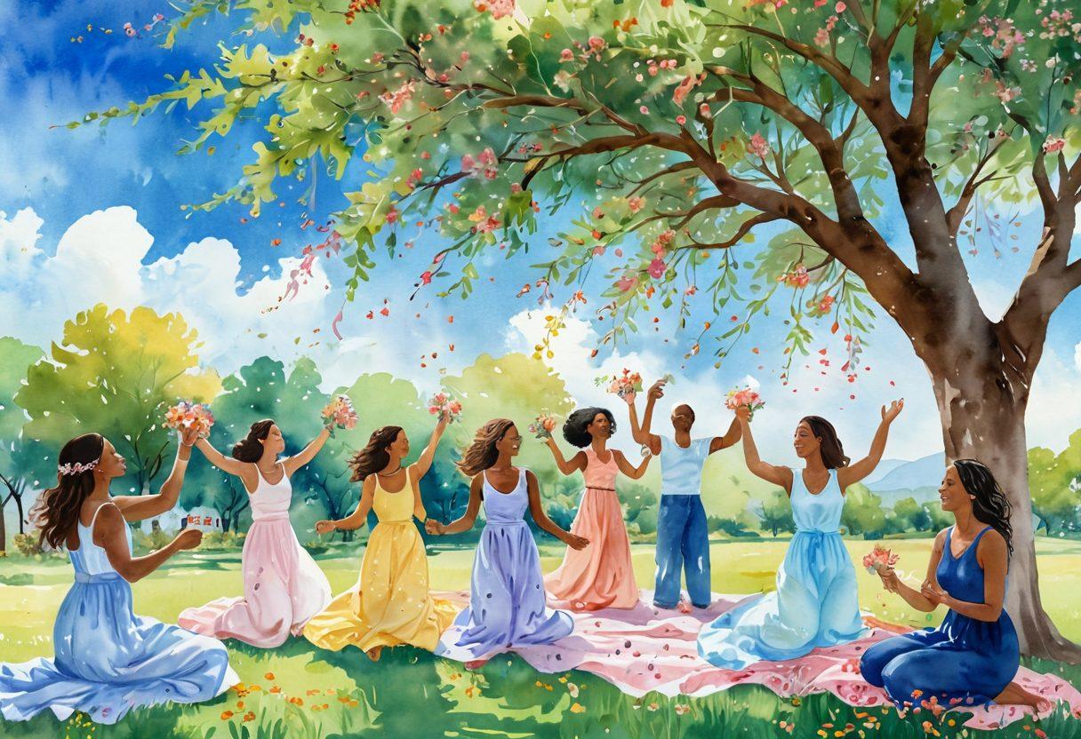 A serene outdoor setting with a diverse group of people joyfully celebrating under a blooming tree, surrounded by colorful flowers and soft, flowing ribbons in the breeze. Include subtle floating scents represented as colorful wisps around them, conveying a sense of uplifting fragrance experiences. The background should radiate warmth and positivity with a clear blue sky. watercolor painting. bright and cheerful color palette.