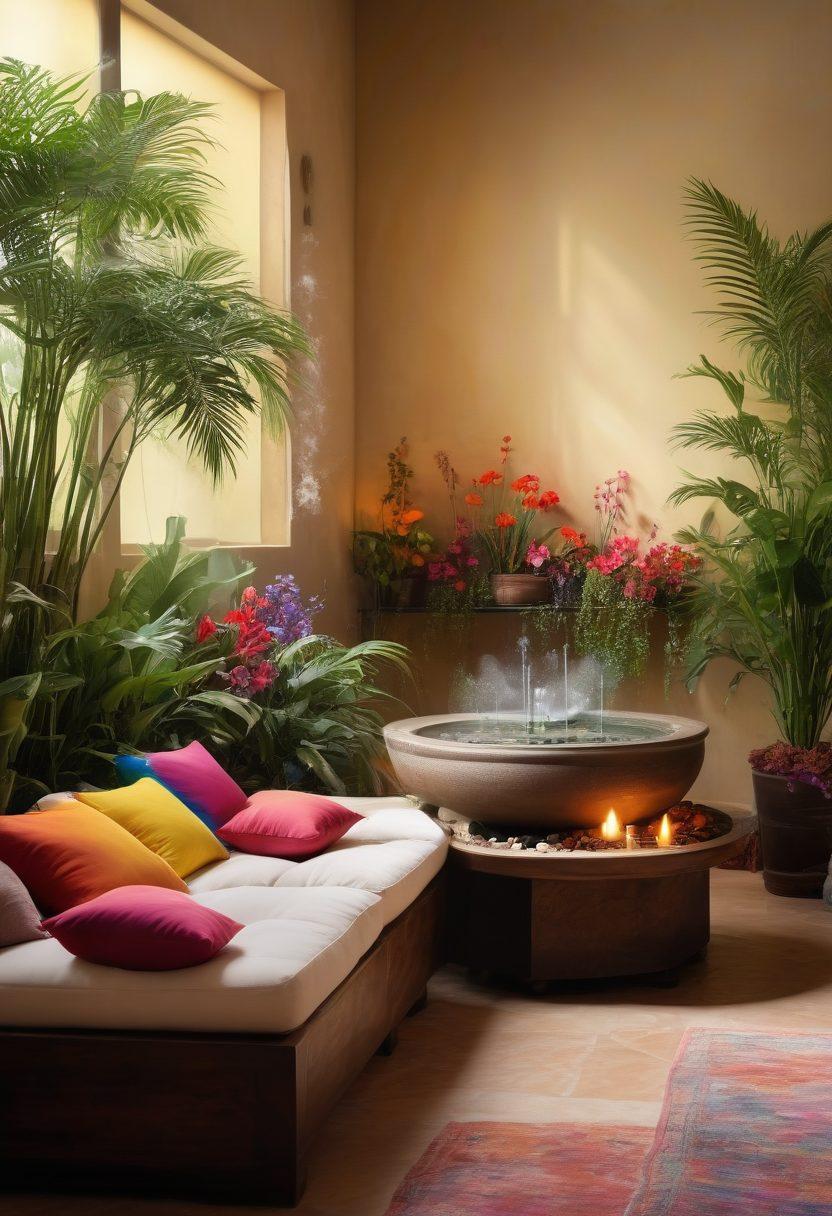 A serene indoor setting filled with exotic plants and colorful flowers, surrounded by diffusers emitting gentle wisps of fragrant smoke. Soft natural lighting creates a warm atmosphere, with cozy cushions and a small water fountain to enhance tranquility. Inspirational words about aromatherapy are artistically displayed on the wall. super-realistic. vibrant colors. soft lighting.